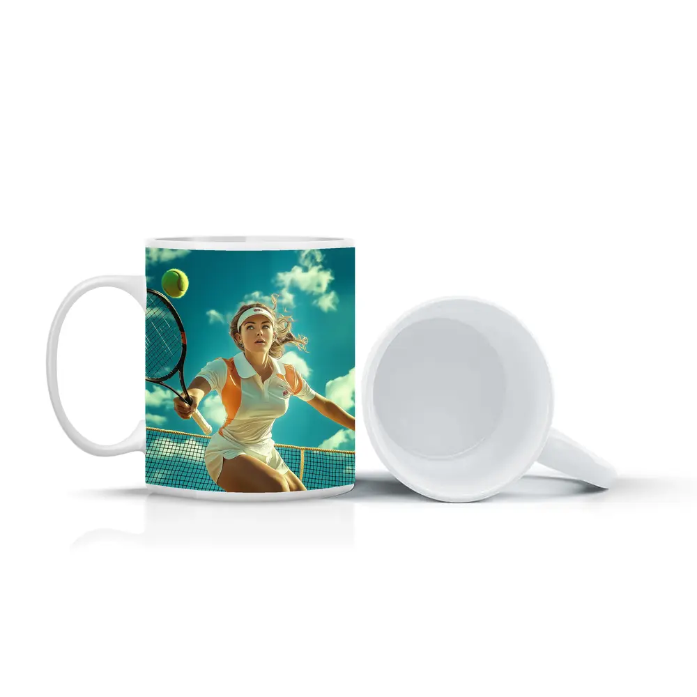 Tennis Player Woman Sky Blue Background – Mugs