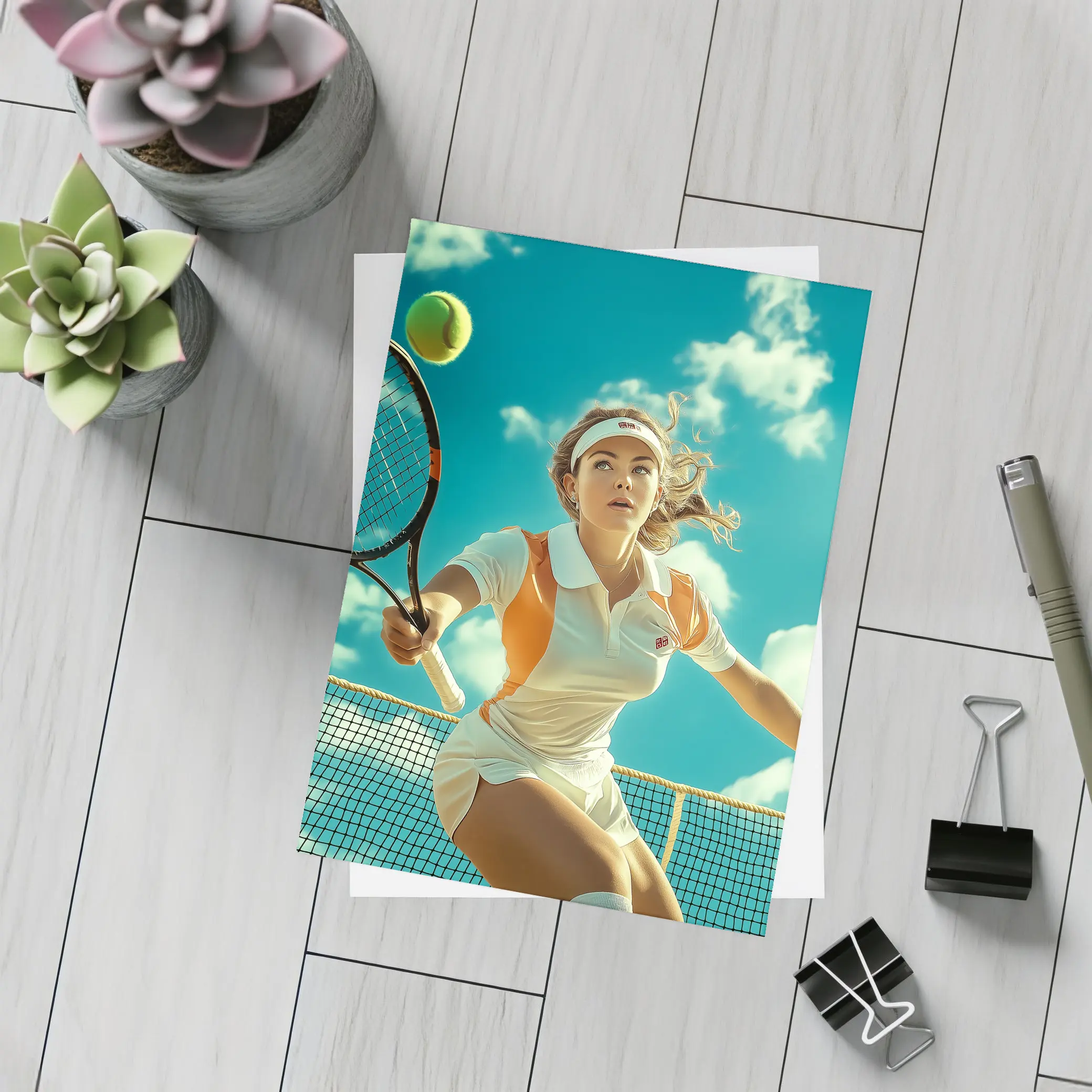 Tennis Player Woman Sky Blue Background – Postcards