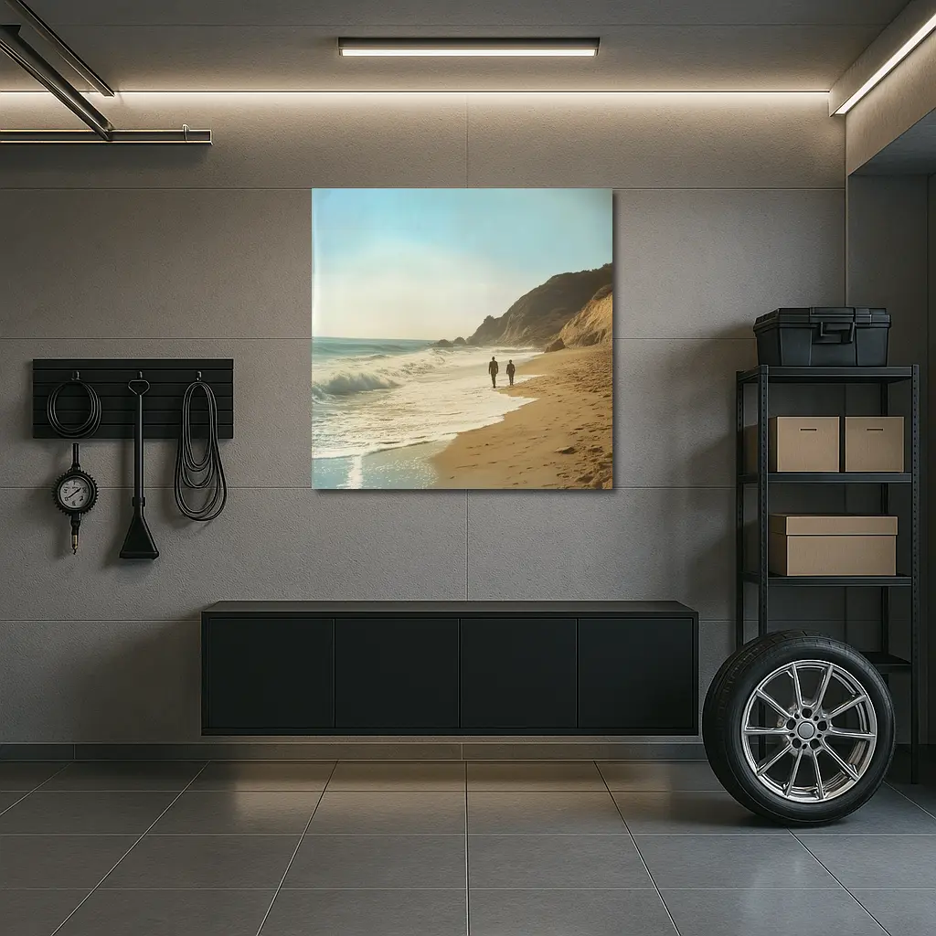 Two People Walking Along Sunny Beach Shore – Wall Art