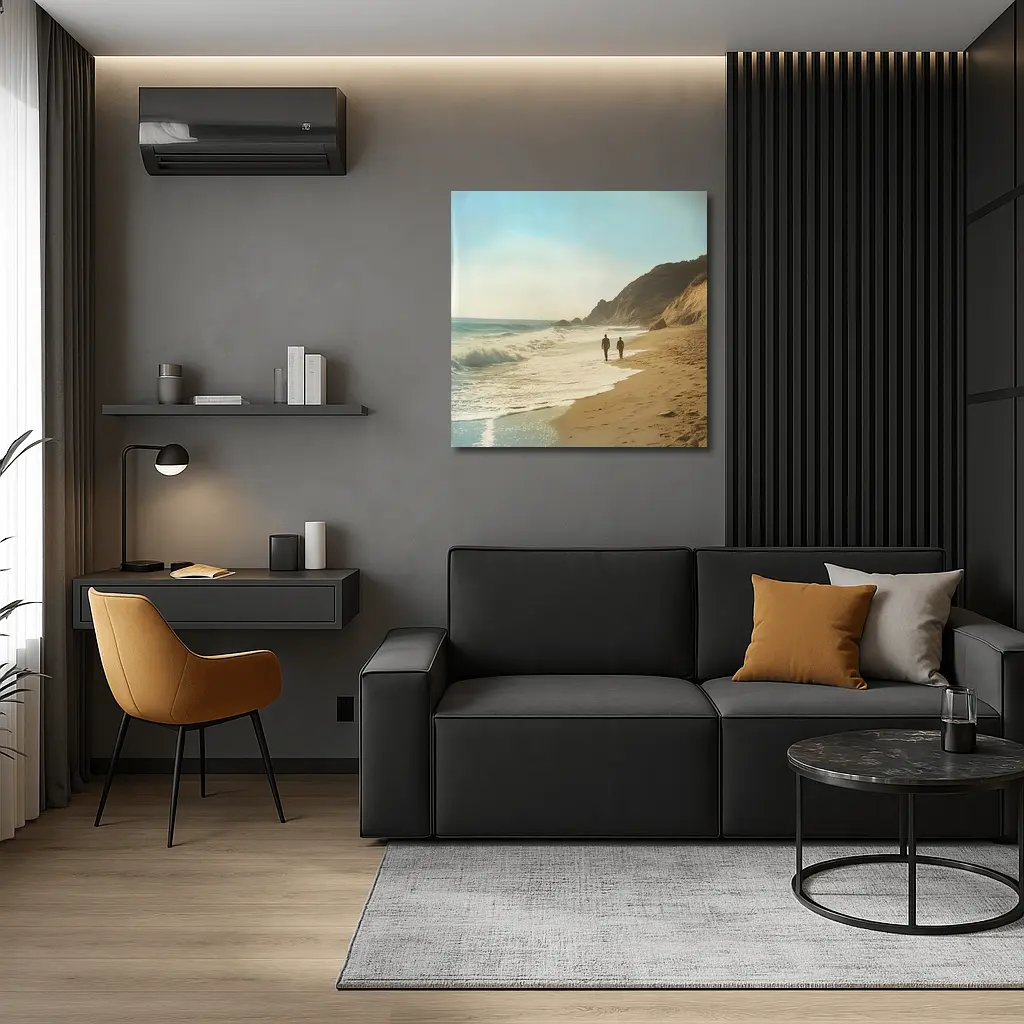 Two People Walking Along Sunny Beach Shore – Wall Art