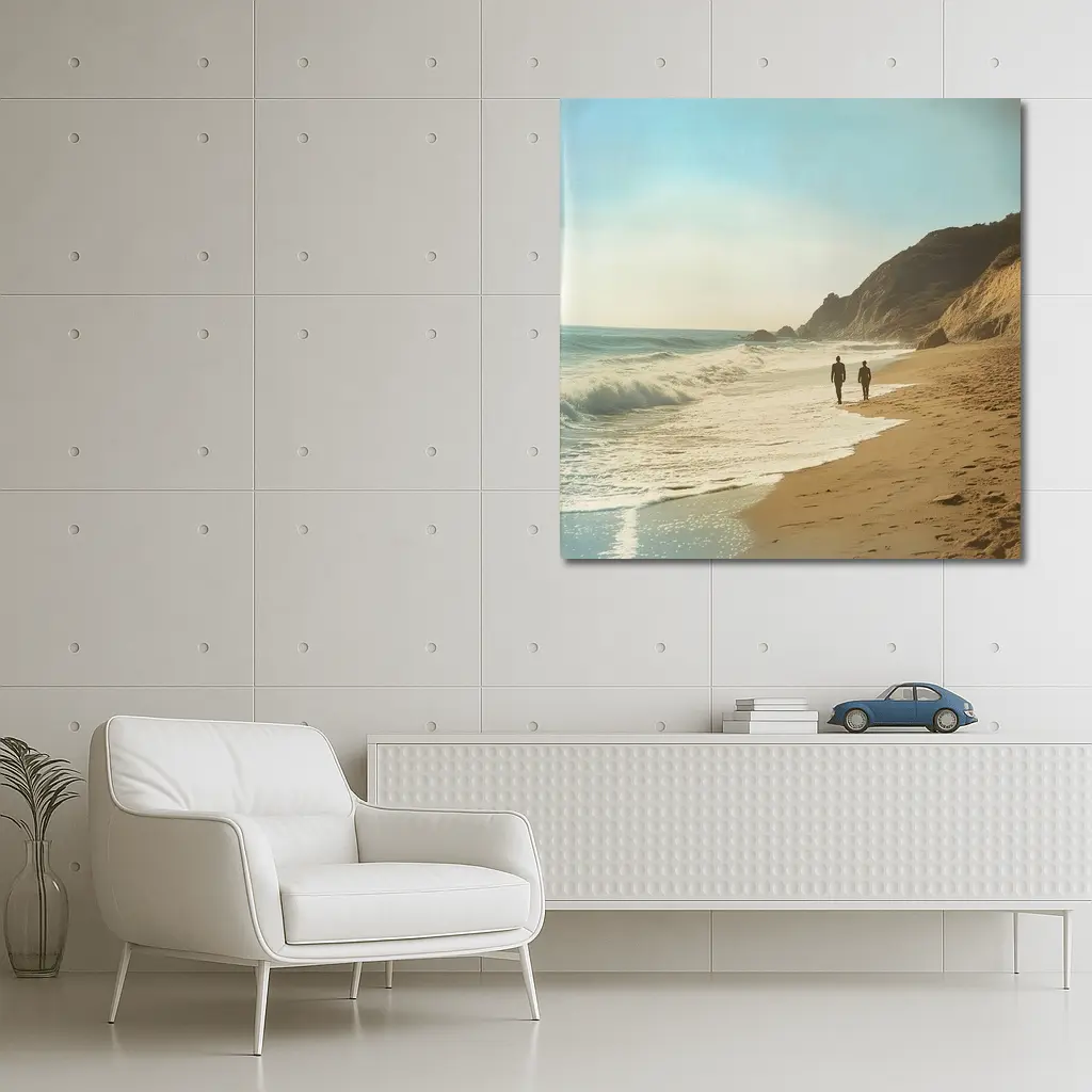 Two People Walking Along Sunny Beach Shore – Wall Art