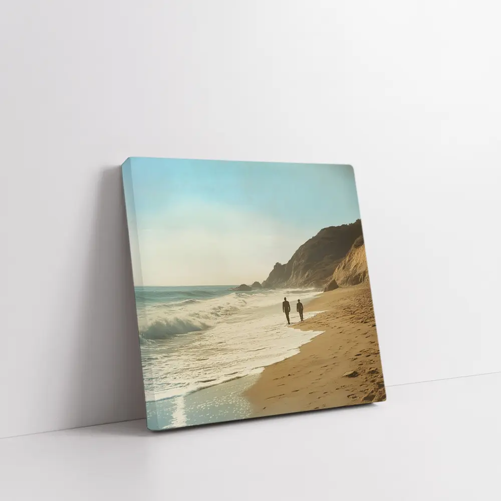 Two People Walking Along Sunny Beach Shore – Wall Art