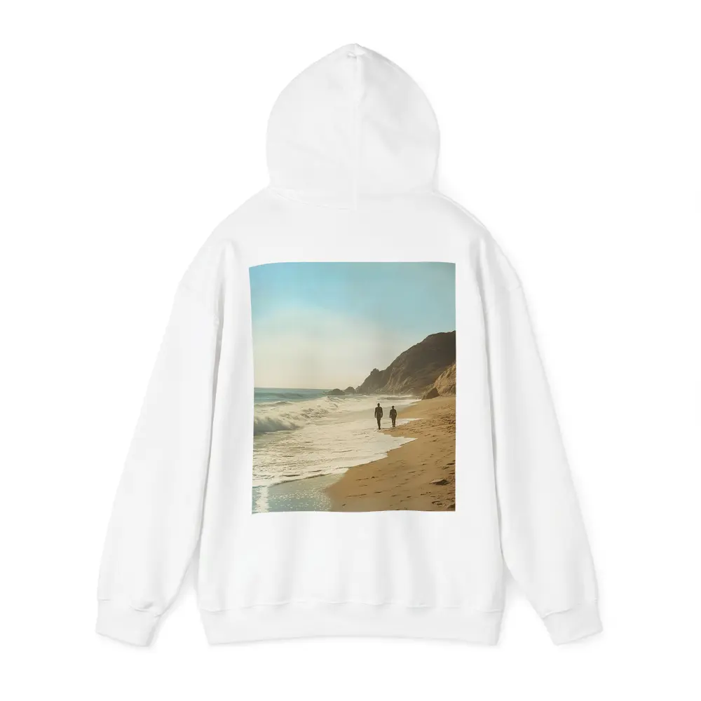 Two People Walking Along Sunny Beach Shore – Hoodies