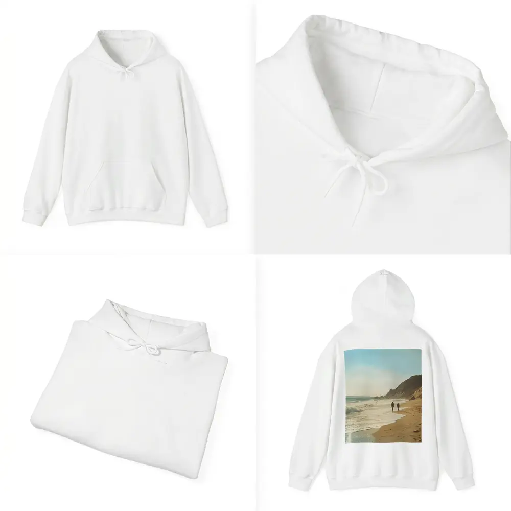 Two People Walking Along Sunny Beach Shore – Hoodies