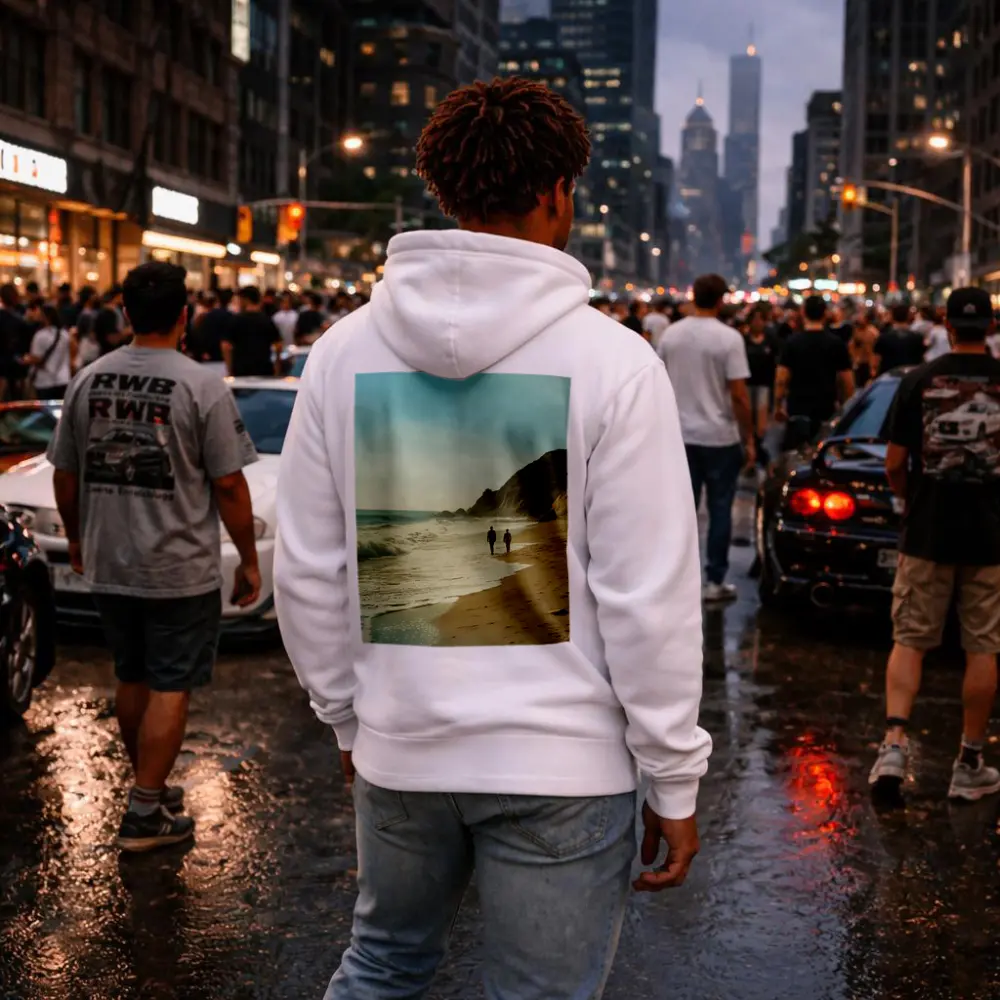 Two People Walking Along Sunny Beach Shore – Hoodies