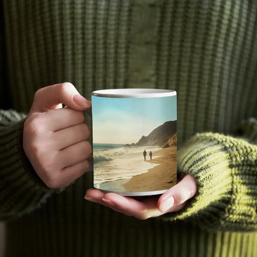 Two People Walking Along Sunny Beach Shore – Mugs