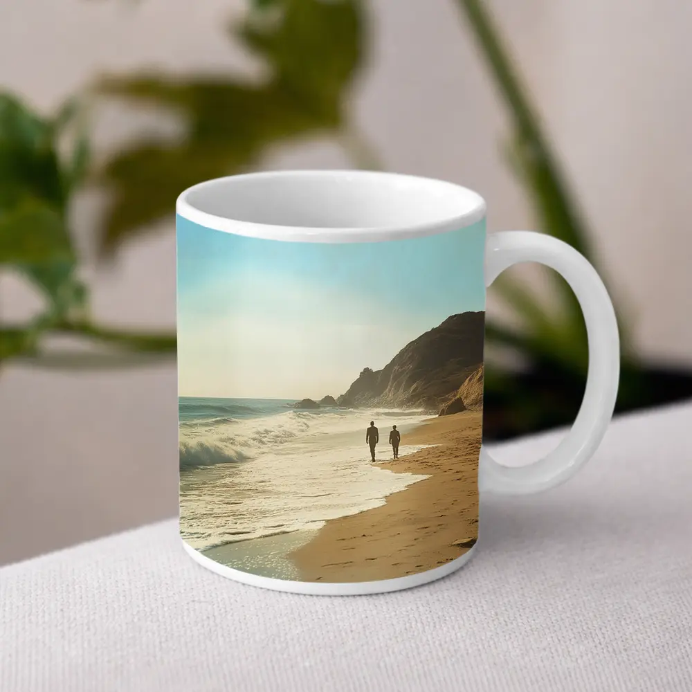 Two People Walking Along Sunny Beach Shore – Mugs