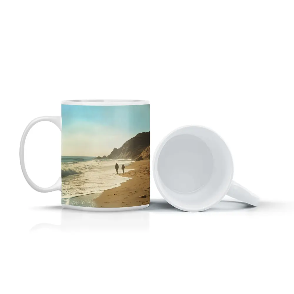 Two People Walking Along Sunny Beach Shore – Mugs