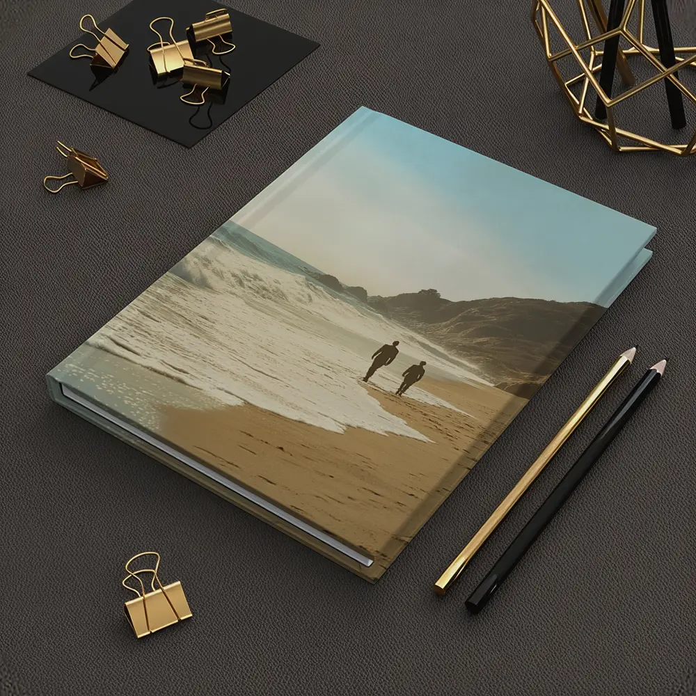 Two People Walking Along Sunny Beach Shore – Notebooks