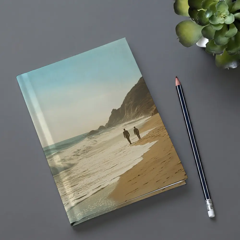 Two People Walking Along Sunny Beach Shore – Notebooks