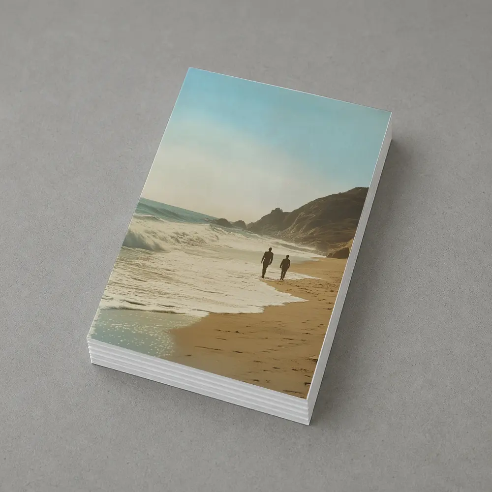 Two People Walking Along Sunny Beach Shore – Postcards