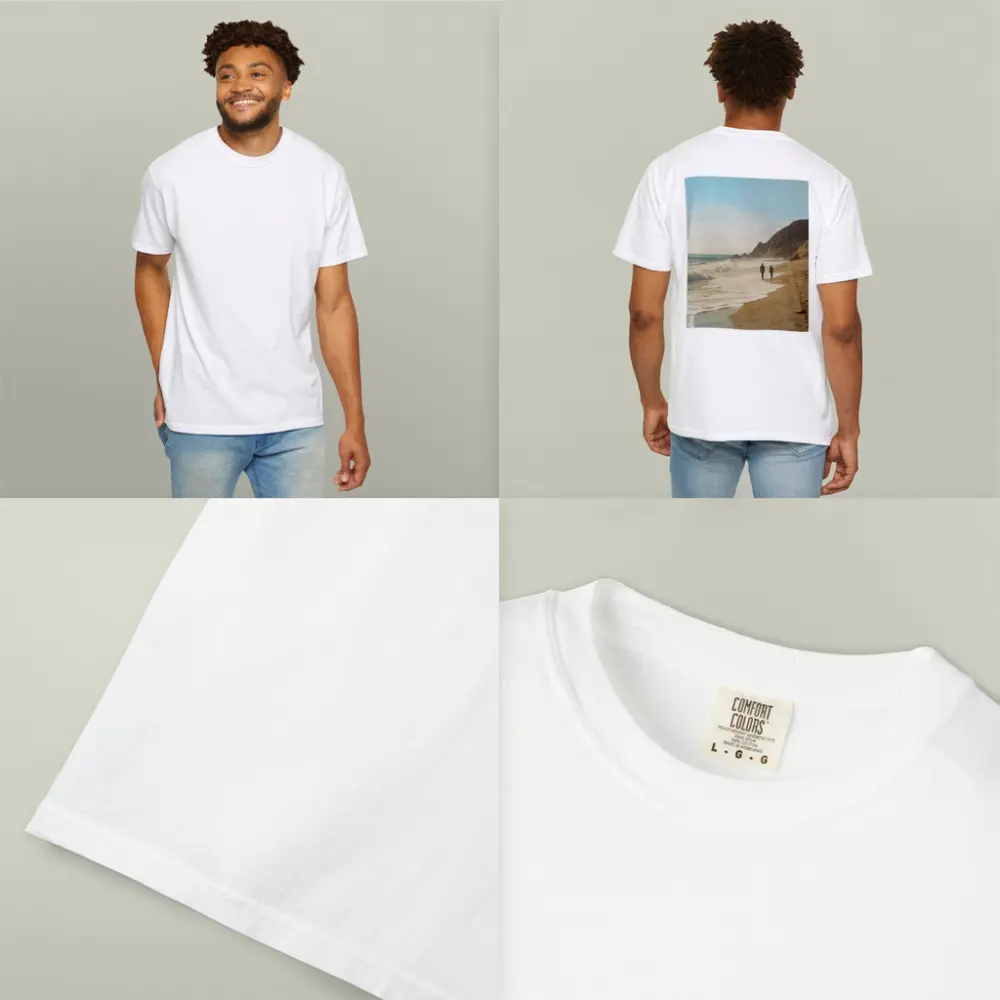 Two People Walking Along Sunny Beach Shore – T-Shirts