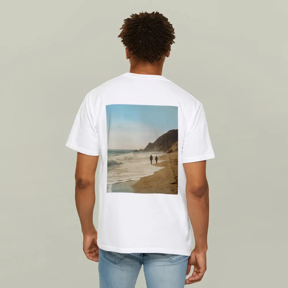 Two People Walking Along Sunny Beach Shore – T-Shirts