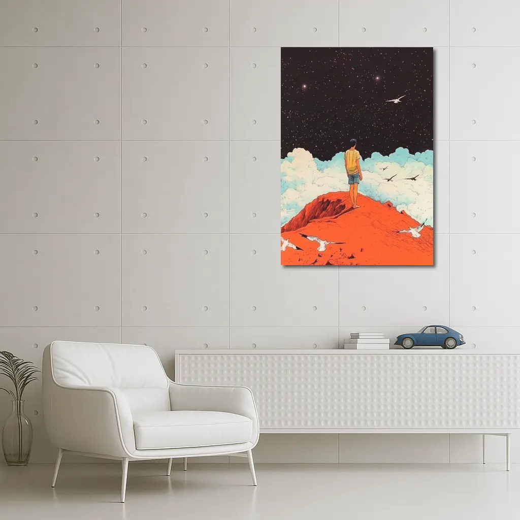 Boy Standing On Red Hill Starry Night – Wall Art