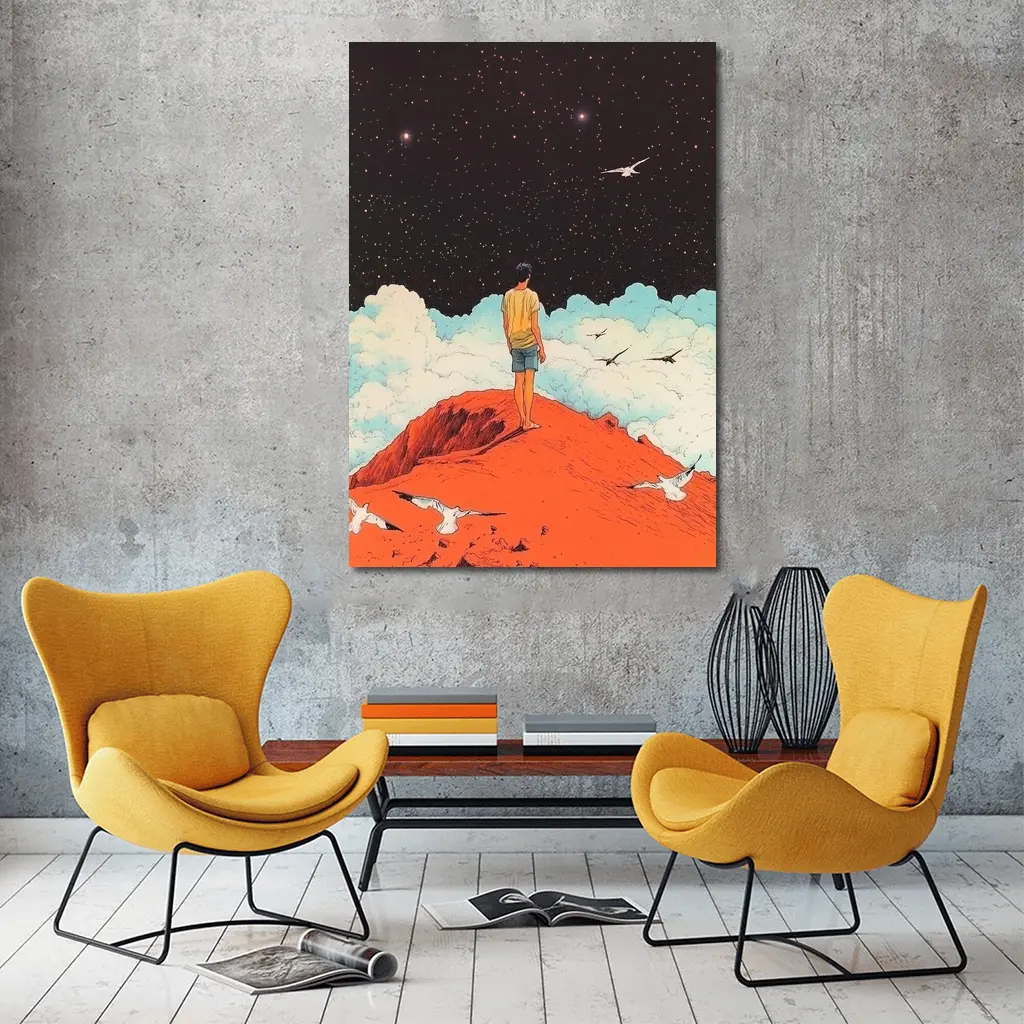 Boy Standing On Red Hill Starry Night – Wall Art