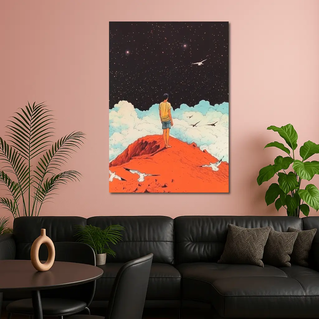 Boy Standing On Red Hill Starry Night – Wall Art