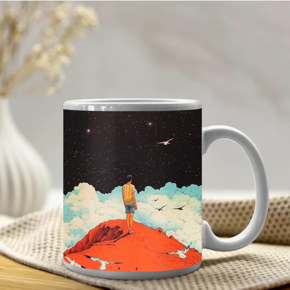 Boy Standing On Red Hill Starry Night – Mugs