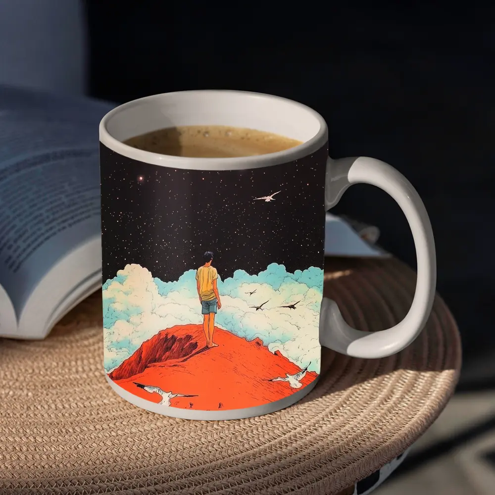 Boy Standing On Red Hill Starry Night – Mugs