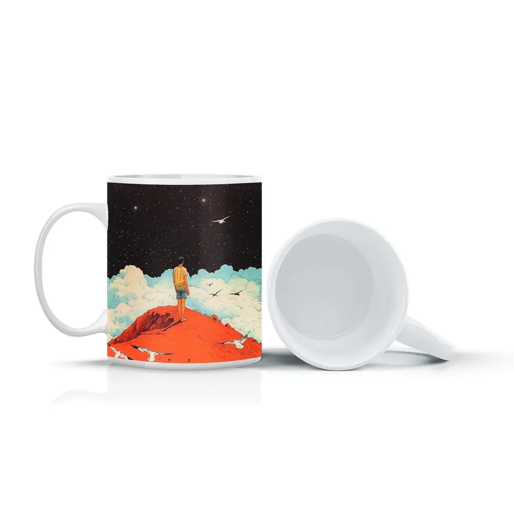Boy Standing On Red Hill Starry Night – Mugs