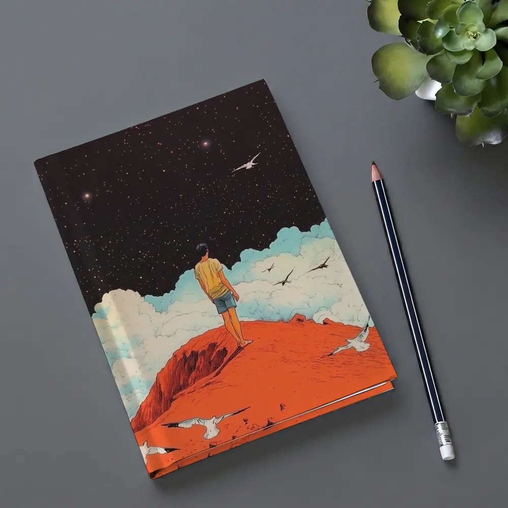 Boy Standing On Red Hill Starry Night – Notebooks