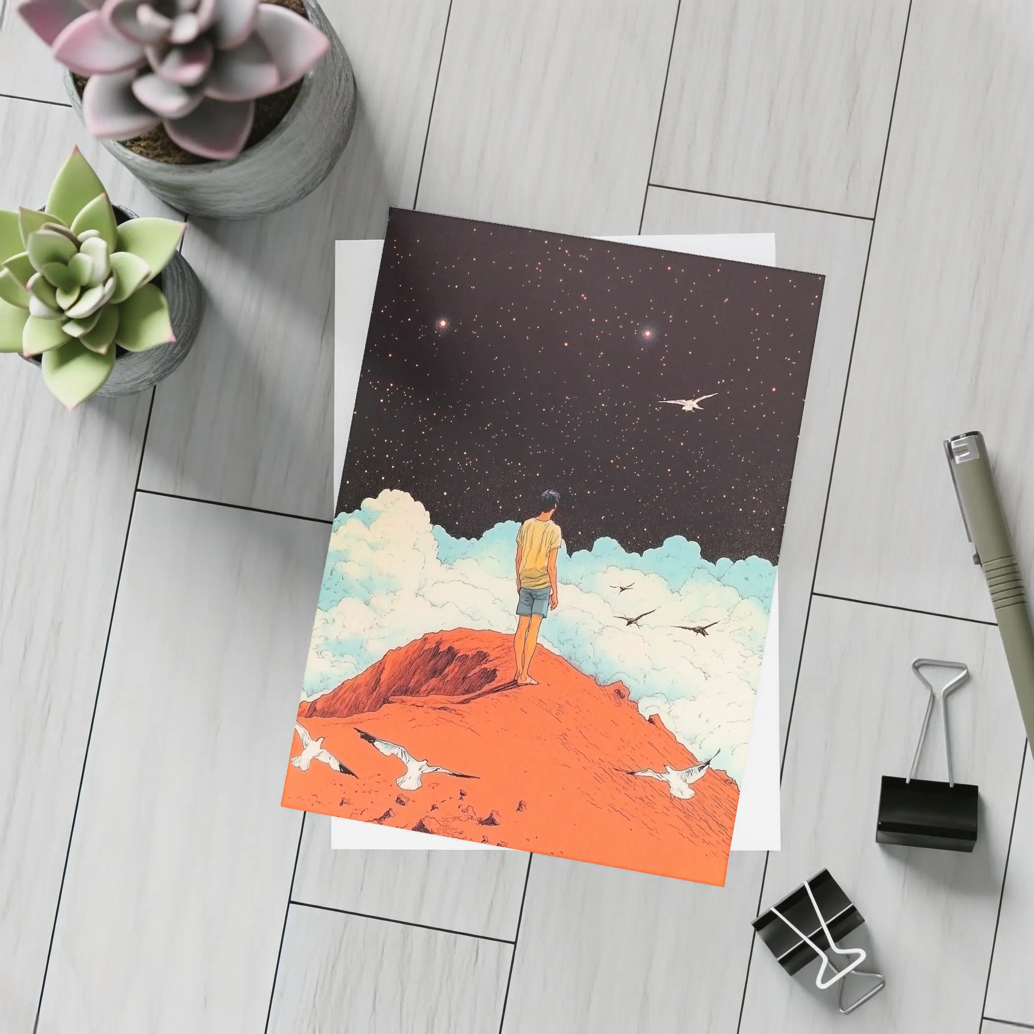 Boy Standing On Red Hill Starry Night – Postcards