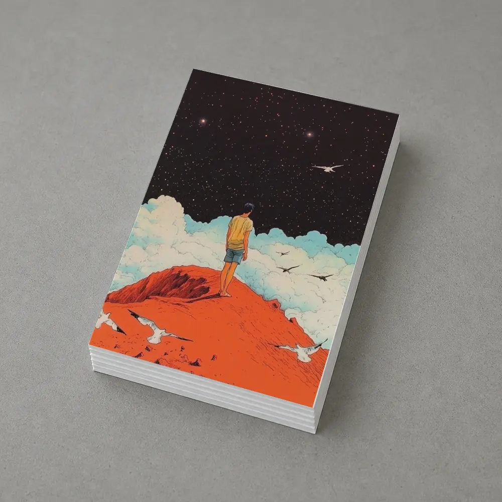 Boy Standing On Red Hill Starry Night – Postcards