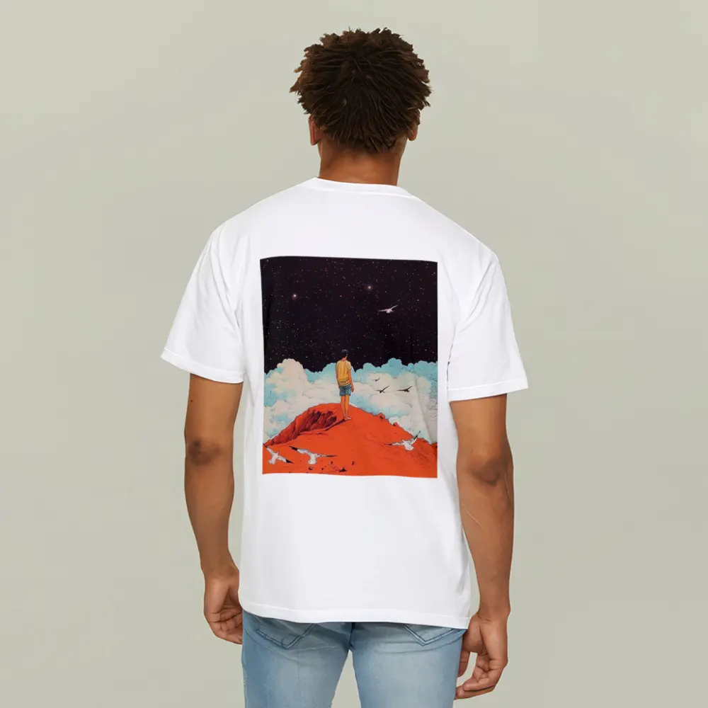 Boy Standing On Red Hill Starry Night – T-Shirts