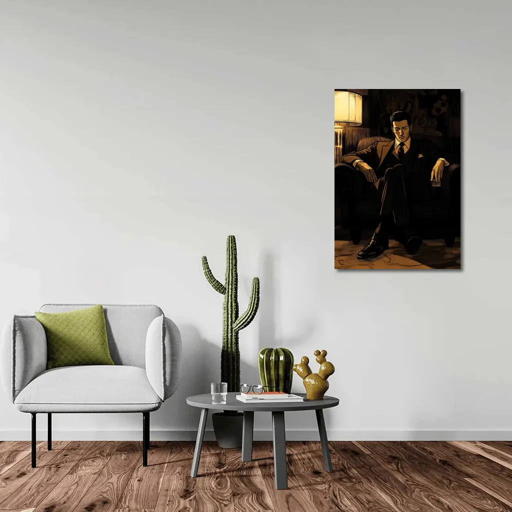 Suited Man Relaxing in Dark Noir Room – Wall Art