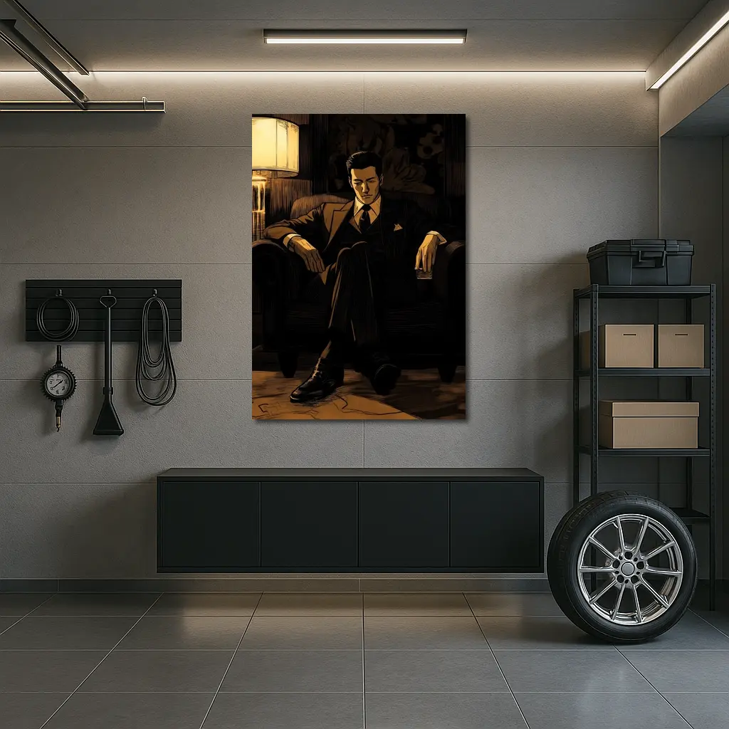 Suited Man Relaxing in Dark Noir Room – Wall Art