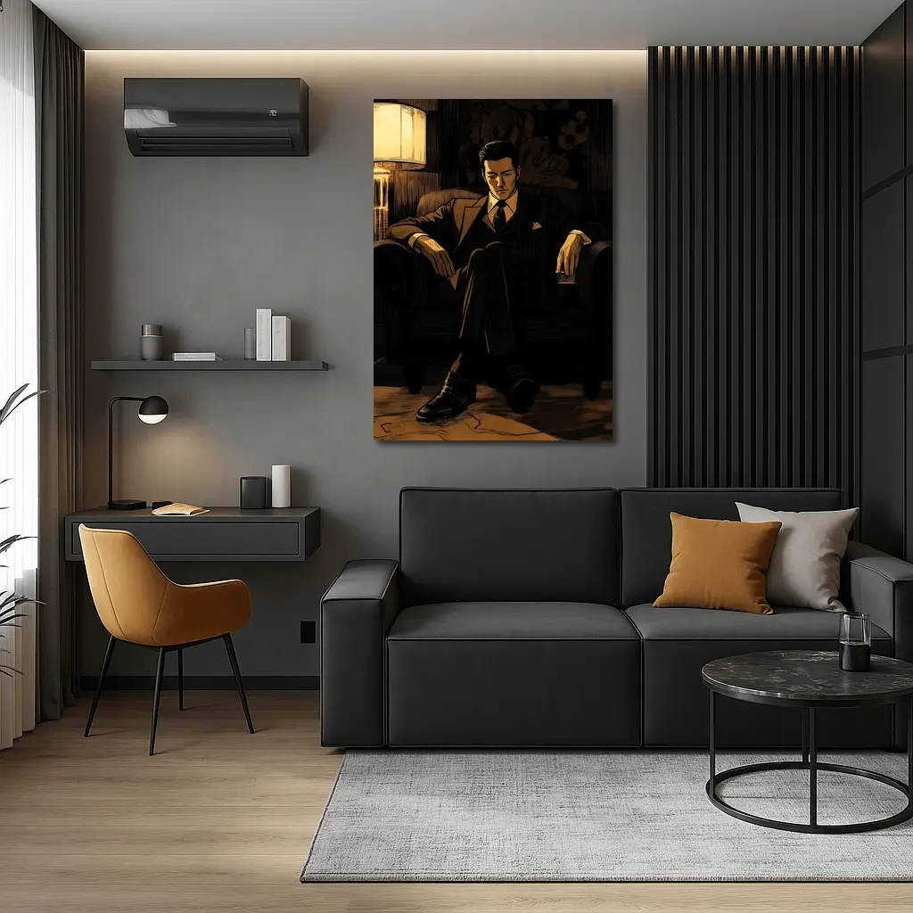 Suited Man Relaxing in Dark Noir Room – Wall Art