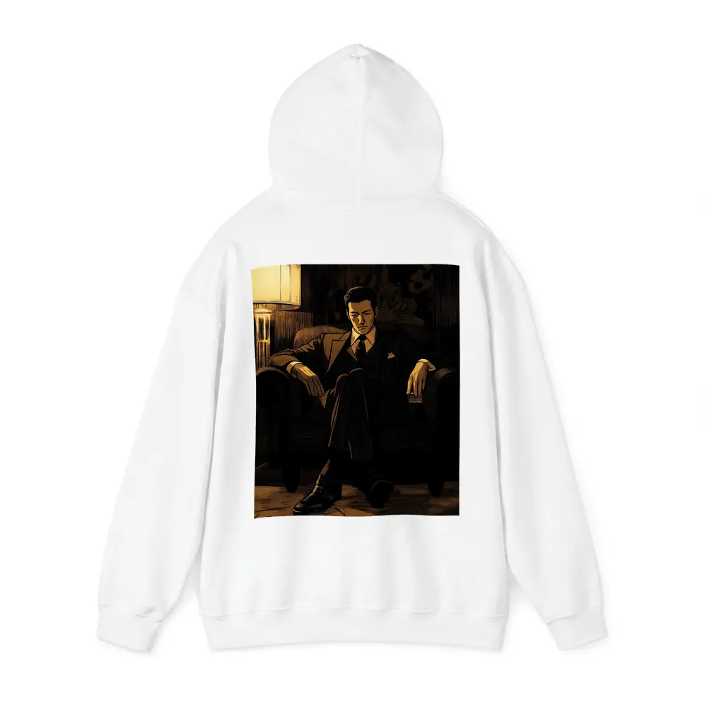 Suited Man Relaxing in Dark Noir Room – Hoodies