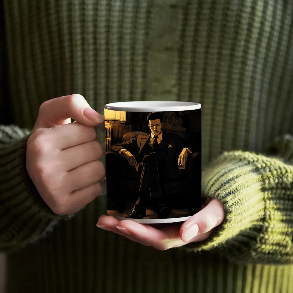 Suited Man Relaxing in Dark Noir Room – Mugs