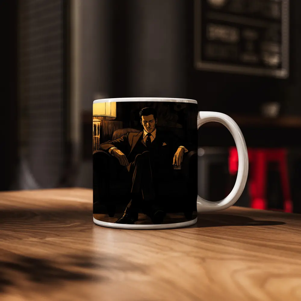 Suited Man Relaxing in Dark Noir Room – Mugs
