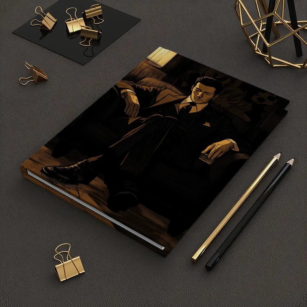 Suited Man Relaxing in Dark Noir Room – Notebooks