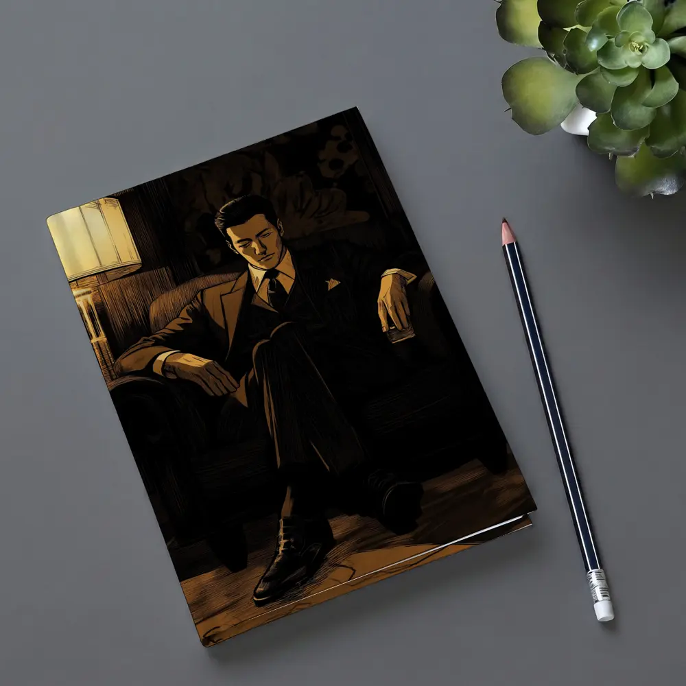 Suited Man Relaxing in Dark Noir Room – Notebooks