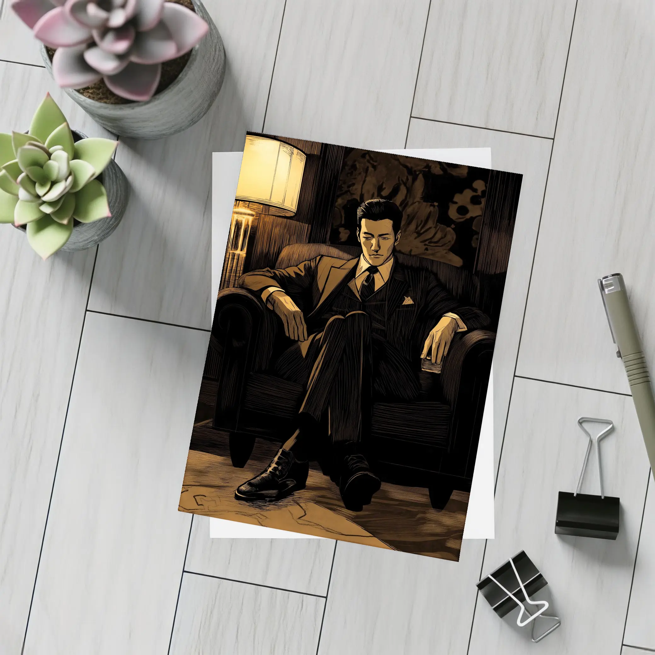 Suited Man Relaxing in Dark Noir Room – Postcards