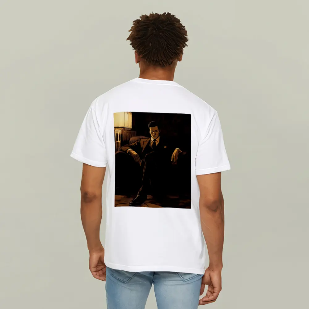 Suited Man Relaxing in Dark Noir Room – T-Shirts
