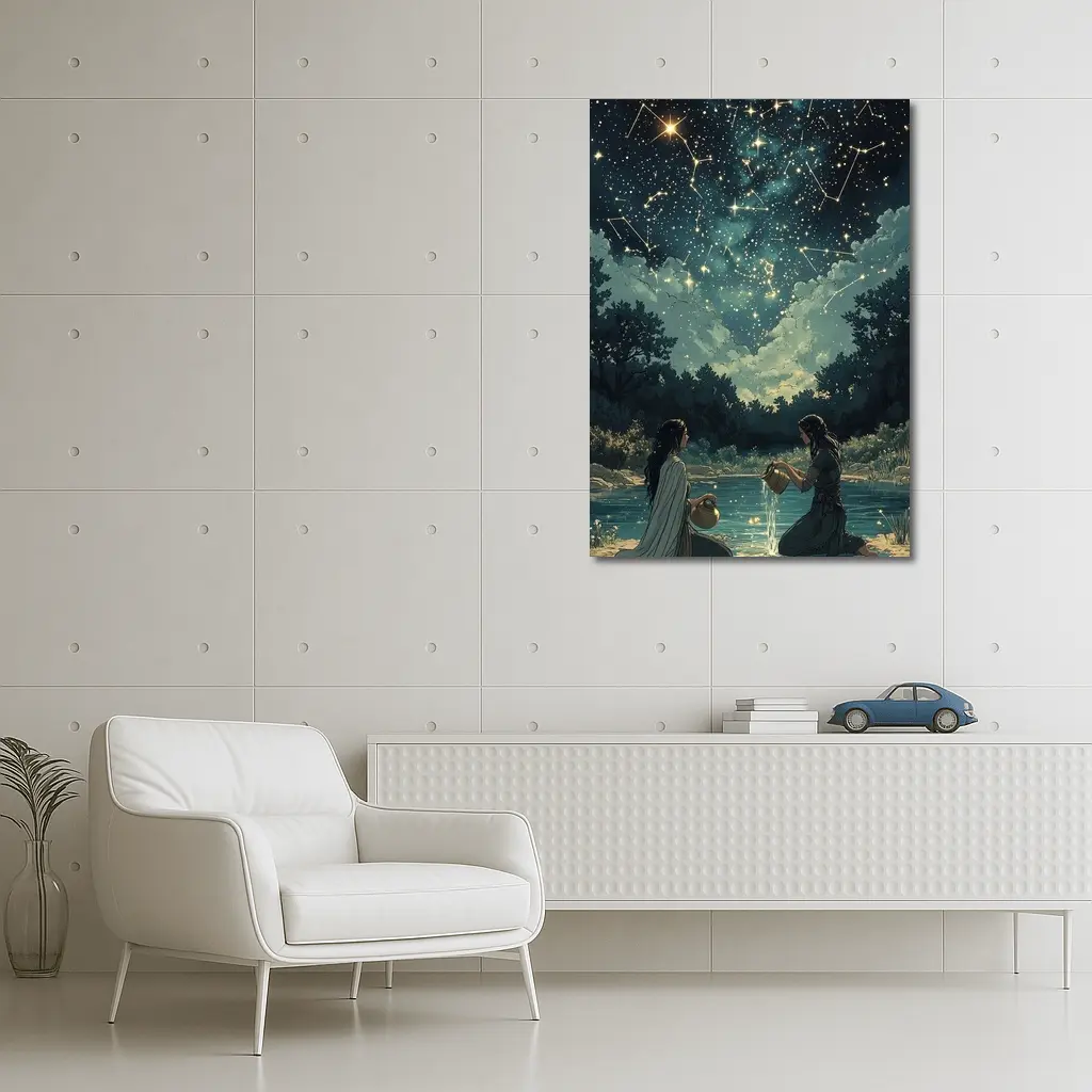 Aquarius Zodiac Women Pouring Water Night Sky – Wall Art