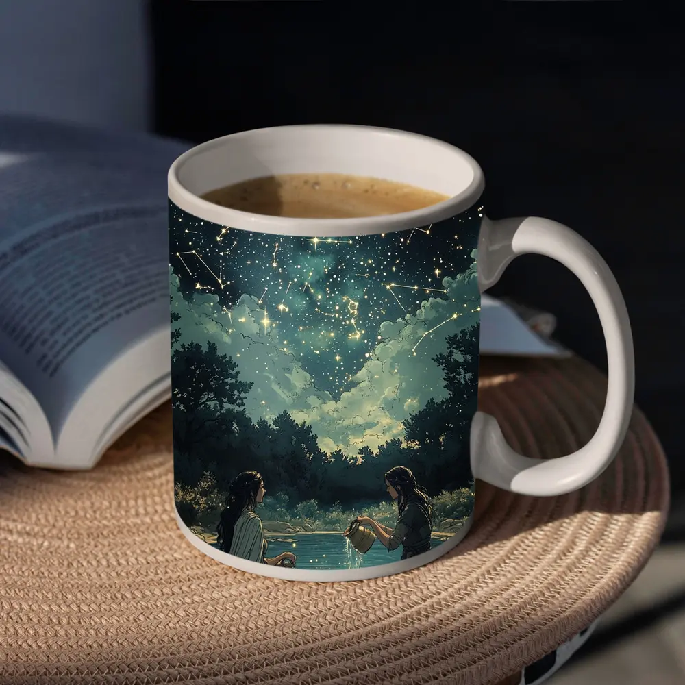 Aquarius Zodiac Women Pouring Water Night Sky – Mugs
