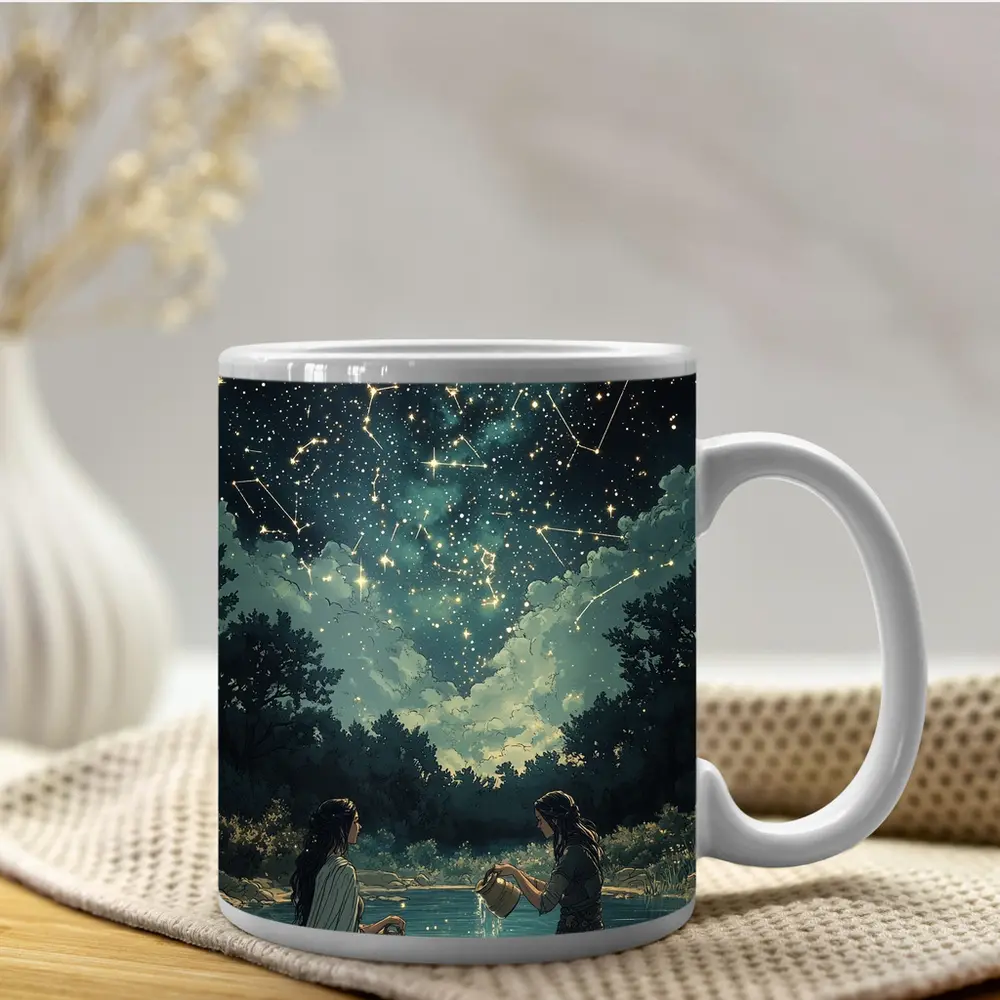 Aquarius Zodiac Women Pouring Water Night Sky – Mugs