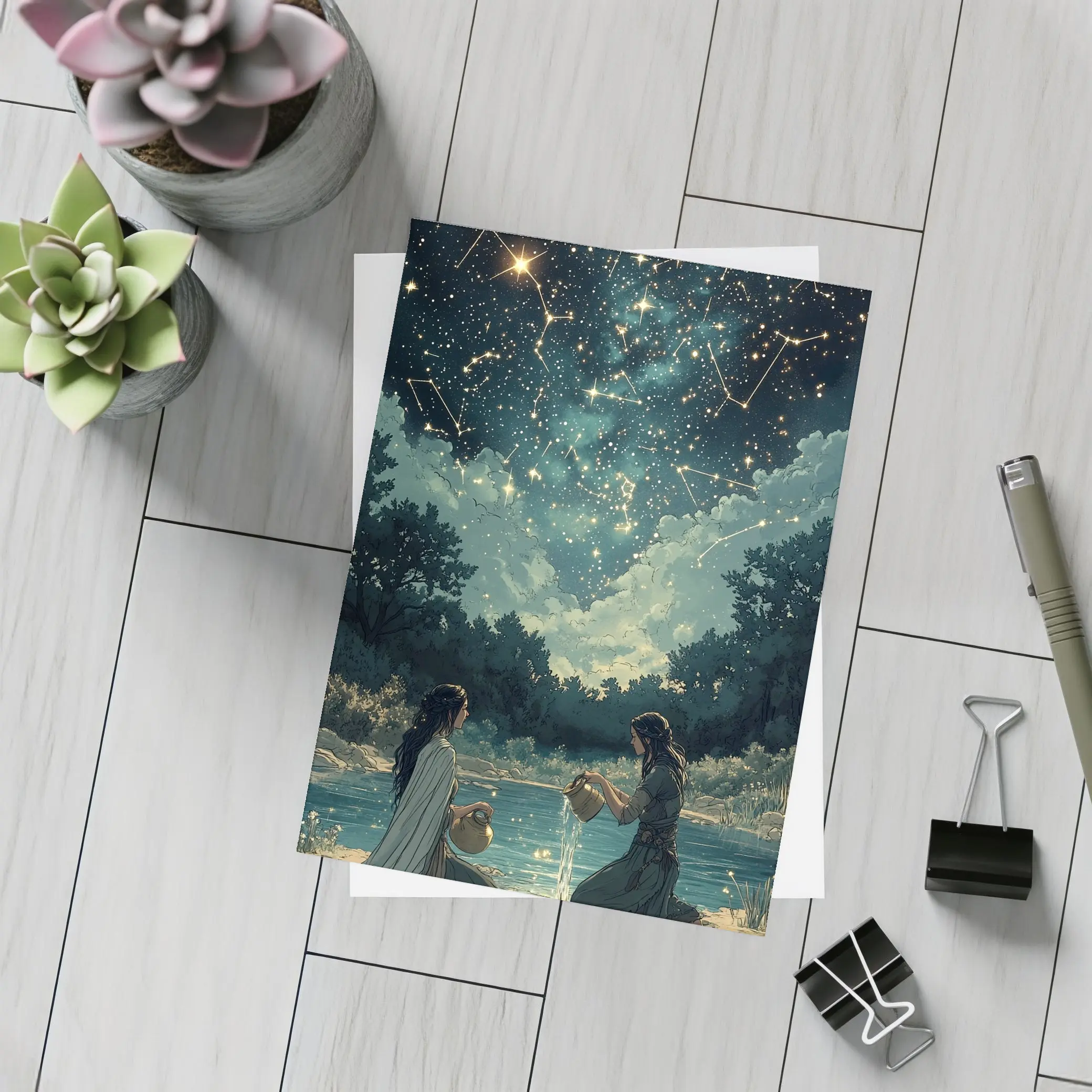 Aquarius Zodiac Women Pouring Water Night Sky – Postcards