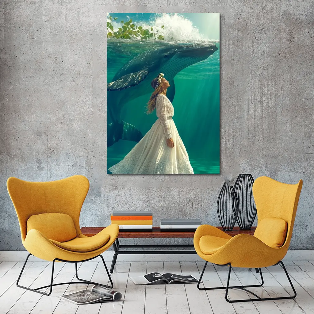 Woman in White Dress with Humpback Whale Underwater – Wall Art