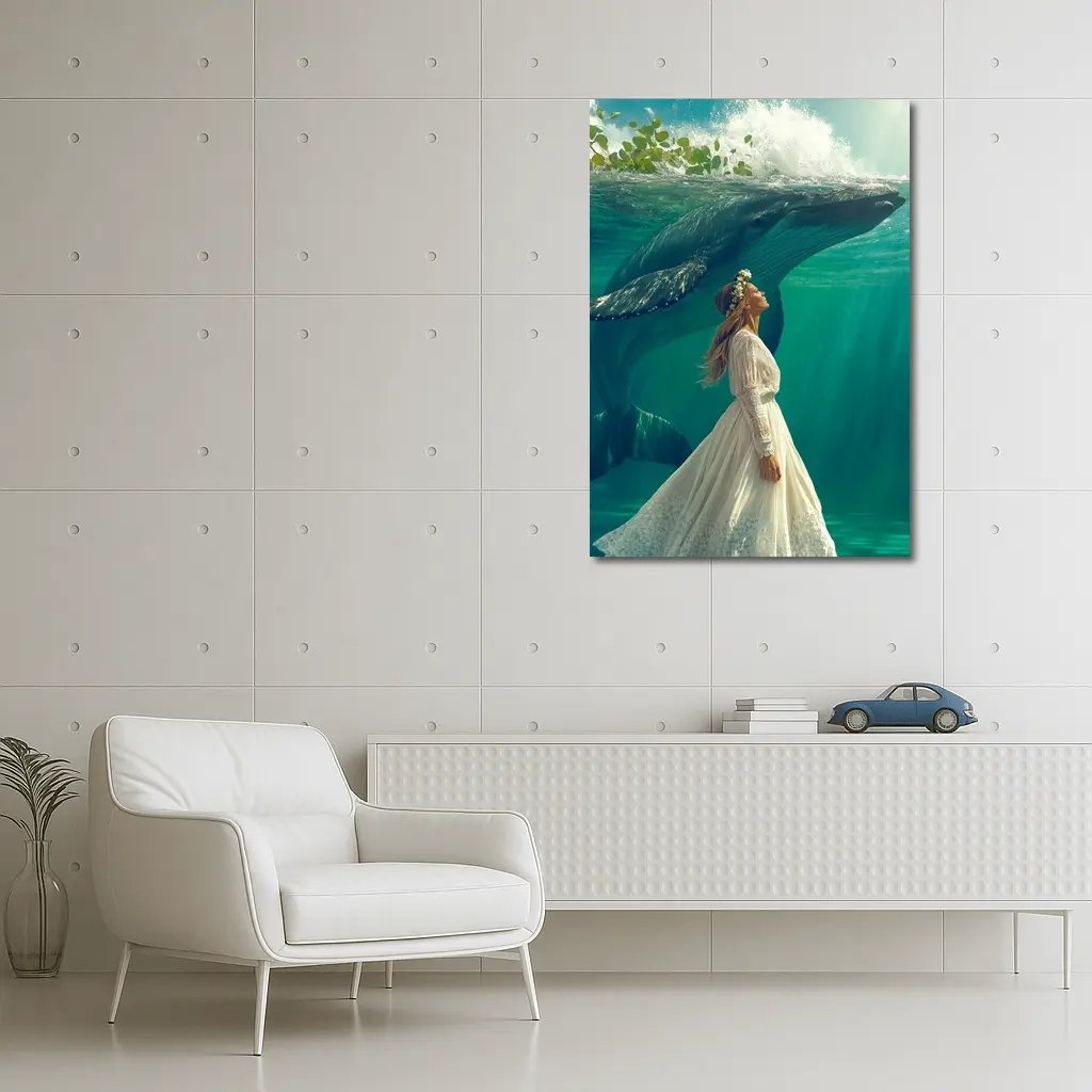 Woman in White Dress with Humpback Whale Underwater – Wall Art
