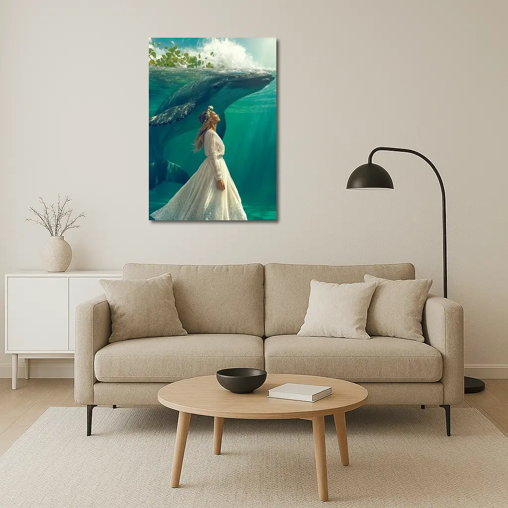 Woman in White Dress with Humpback Whale Underwater – Wall Art