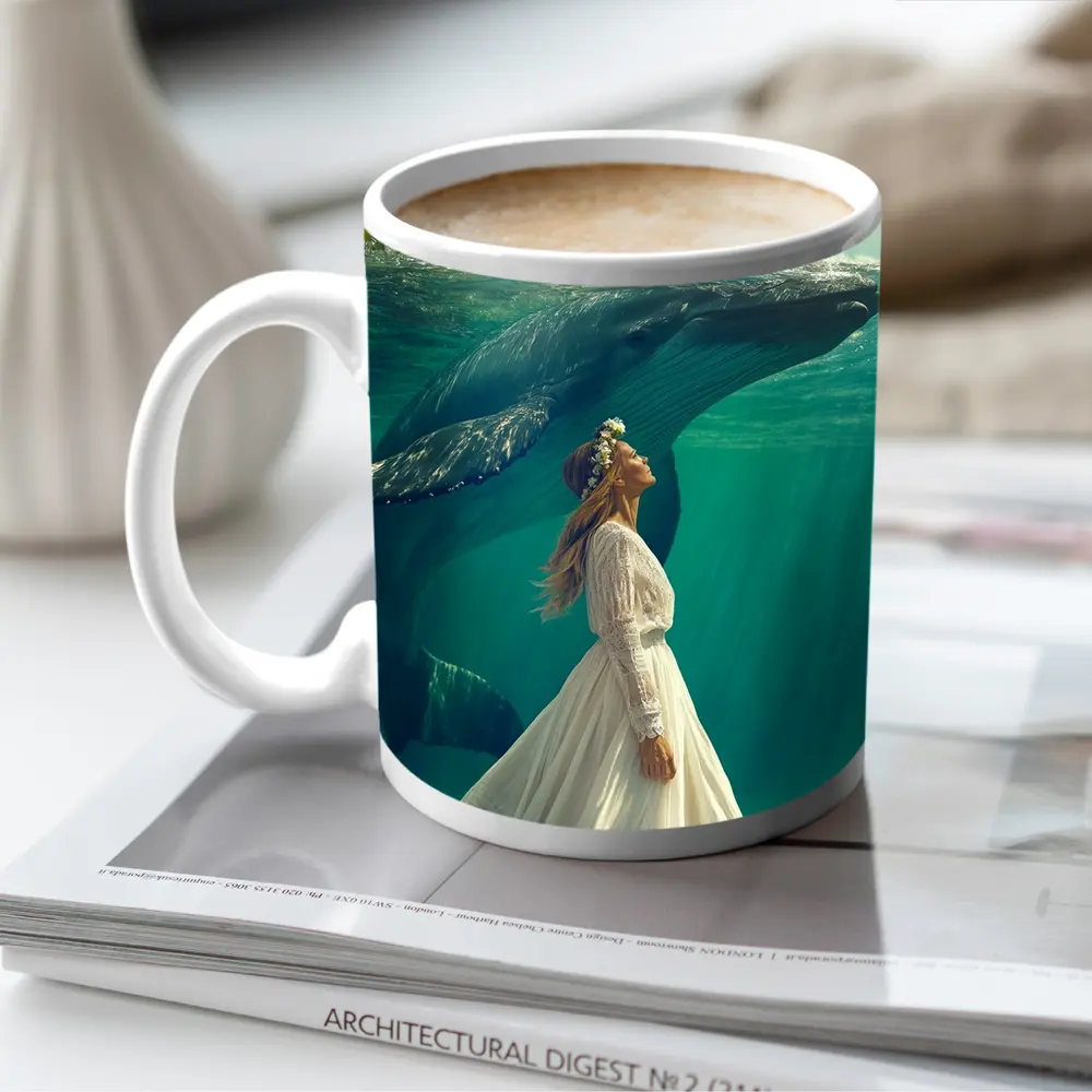 Woman in White Dress with Humpback Whale Underwater – Mugs