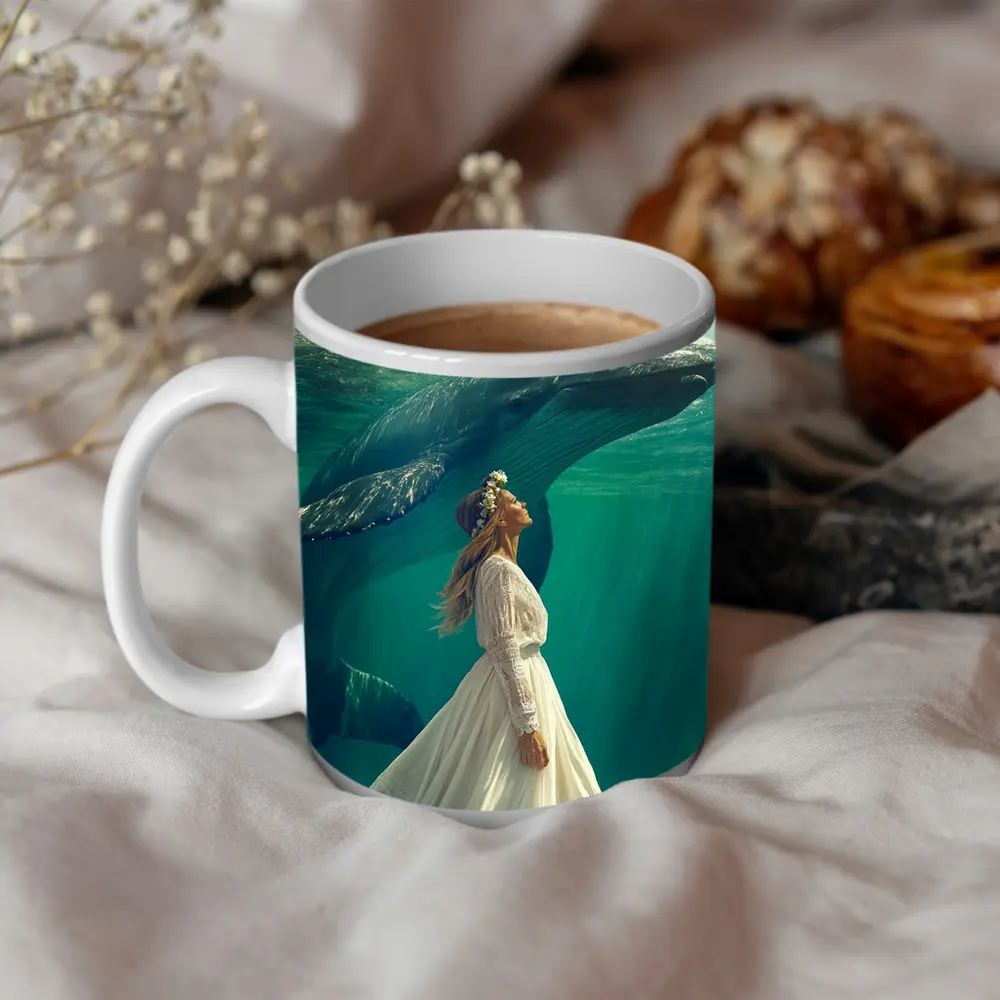 Woman in White Dress with Humpback Whale Underwater – Mugs