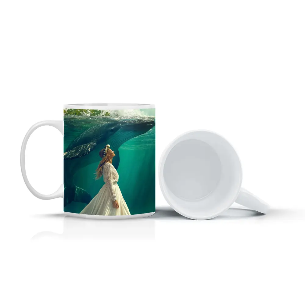 Woman in White Dress with Humpback Whale Underwater – Mugs