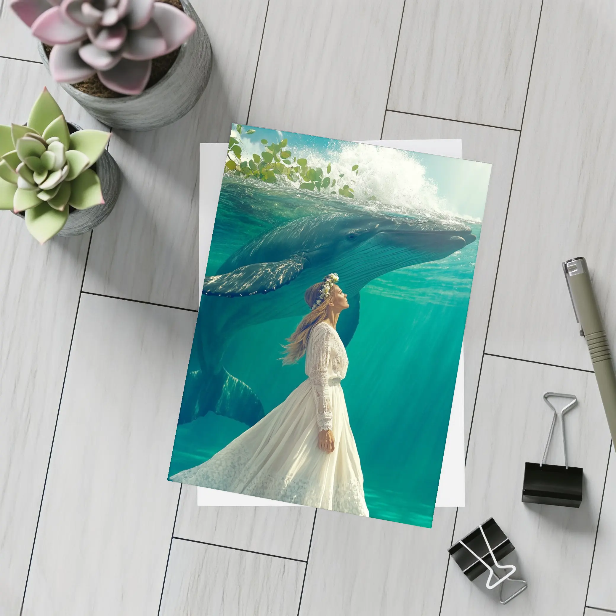 Woman in White Dress with Humpback Whale Underwater – Postcards