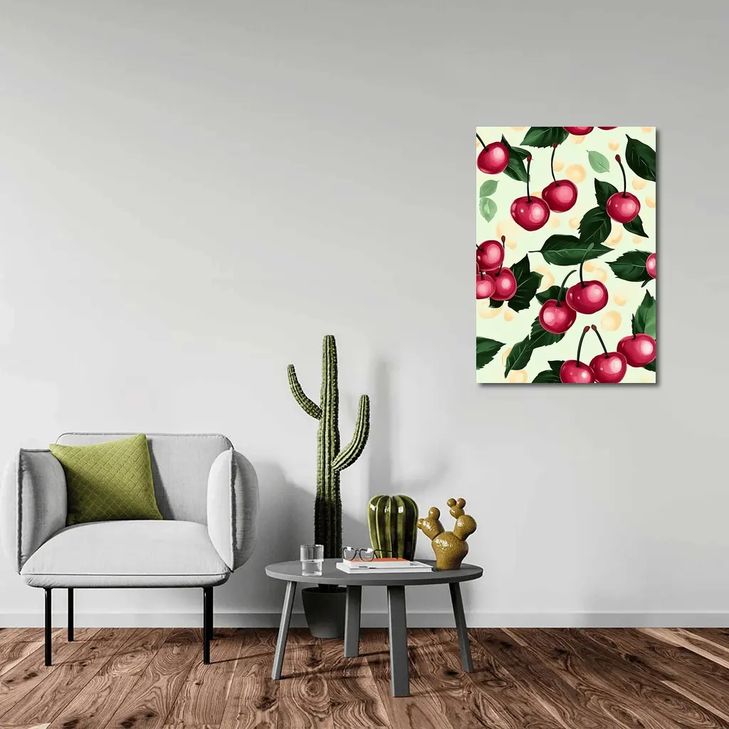 Red Cherry Pattern With Green Leaves – Wall Art