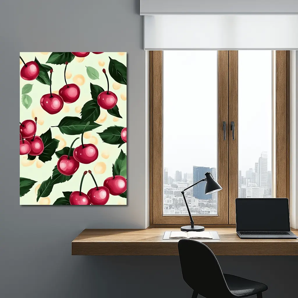 Red Cherry Pattern With Green Leaves – Wall Art